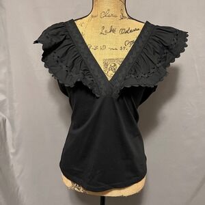 Marc New York‎ Ruffle Trim Top V-Neck Sleeveless Blouse Black Size M